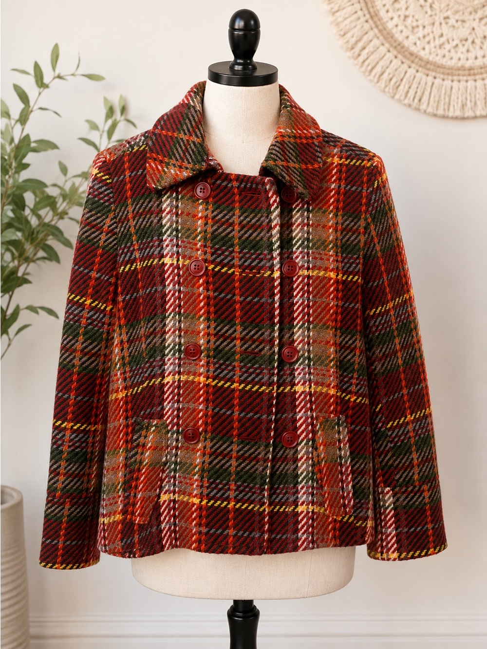 Esprit Red Plaid Double-Breasted Pea Coat with Multicolor Tartan